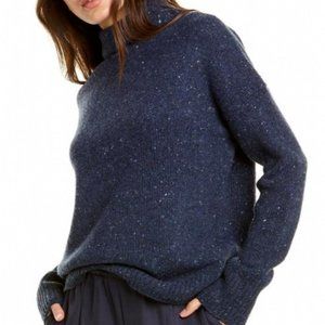 Vince Funnel Neck Wool Blend Fisherman Sweater- XXS, Navy Marl